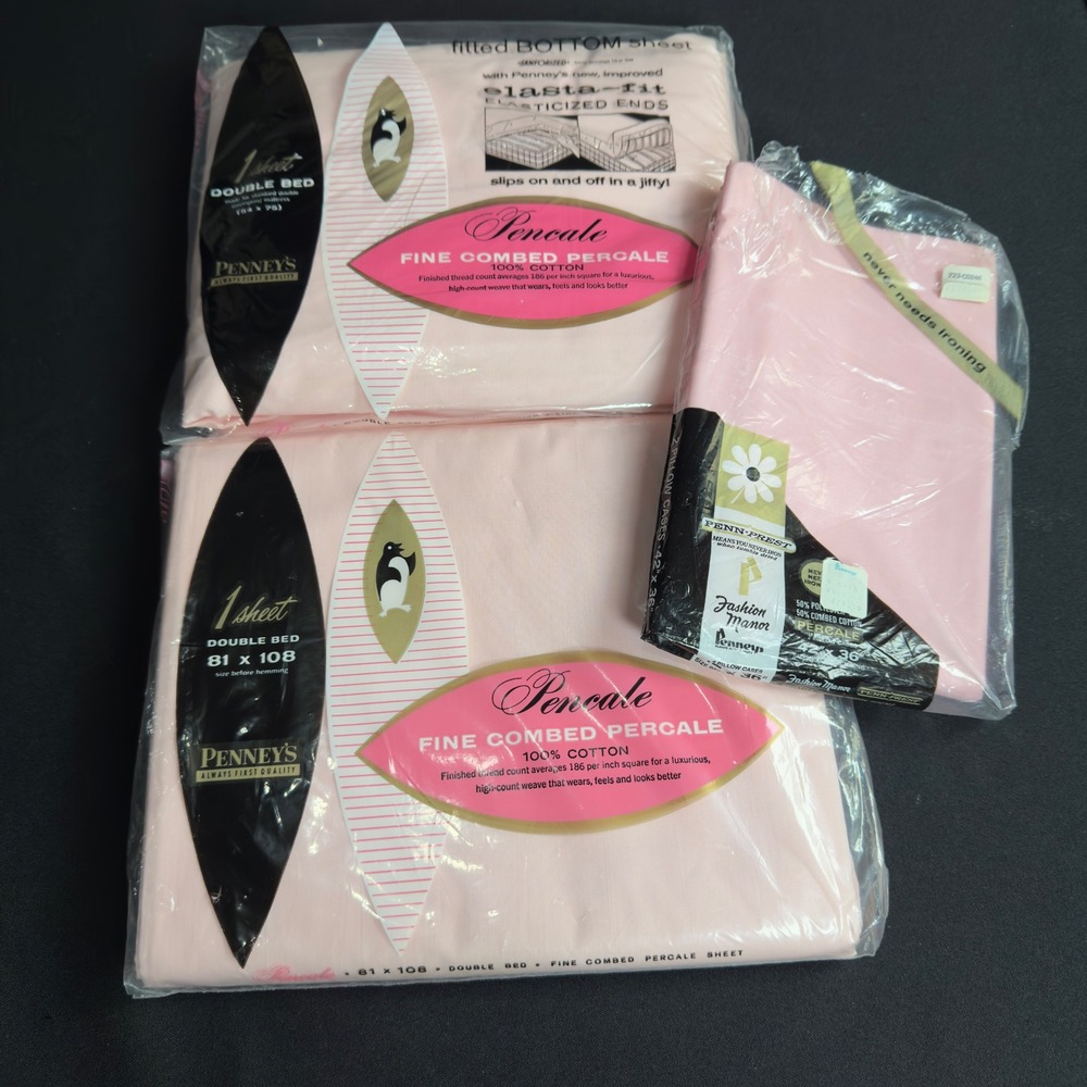 VTG JC Penney Pink Cotton Percale Double Bed Sheet Set & 1 Pillow Case Deadstock